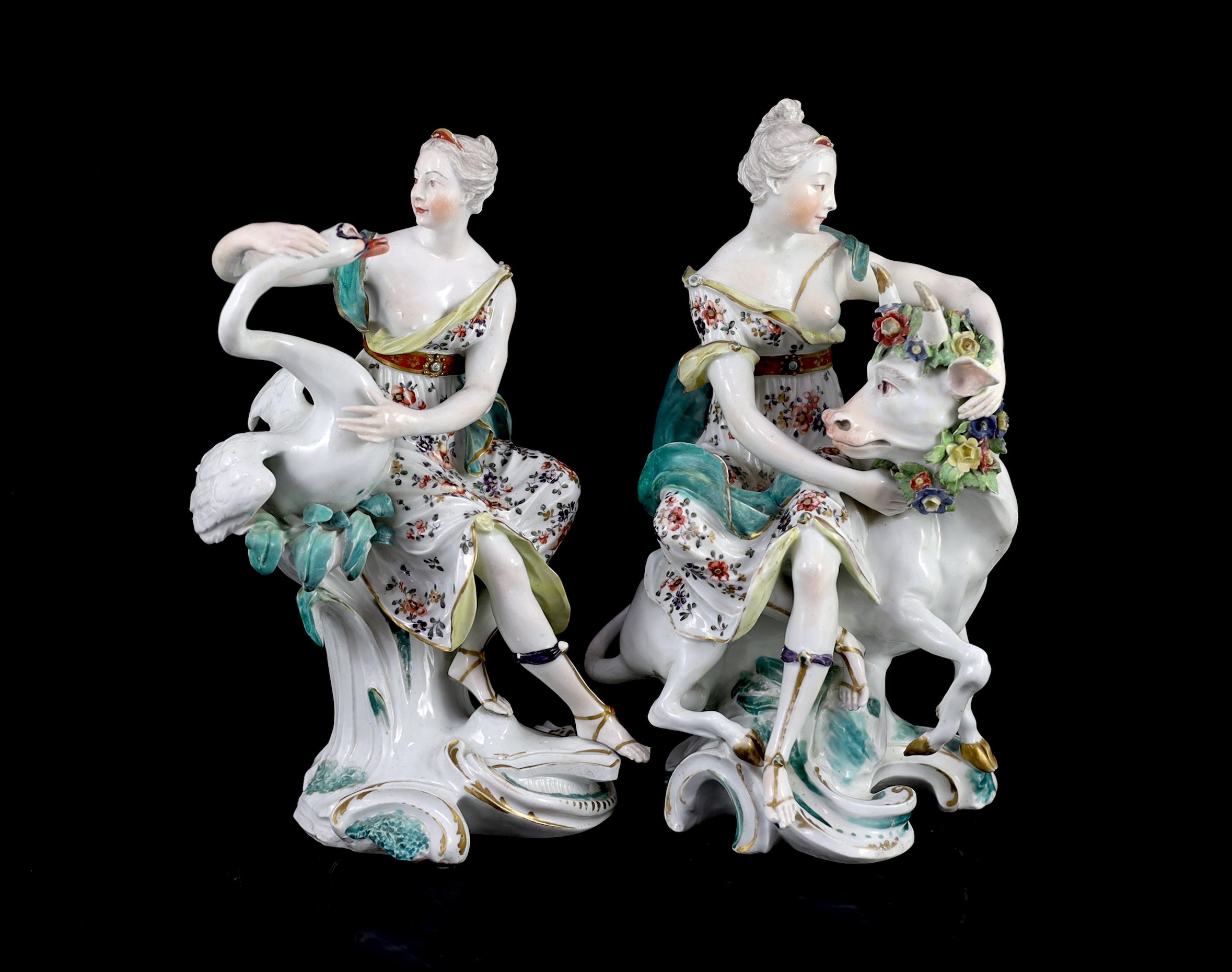 A rare pair of Derby figures of Leda and the Swan and Europa and the Bull, c.1765, 26.5 and 27.5cm high 26.5cm and 27.5cm high, restorations